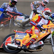 Wyścig I - Tai Woffinden (niebieski), Grzegorz Zengota (biały), Magnus Zetterström (czerwony) i Emil Sajfutdinow (żółty)
