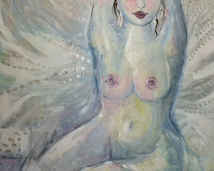 "Anioł", srebrno - biały akt kobiecy /akryl na płótnie 70 x 80 cm