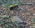 Przewrócona kamienna tablica wraz z podstawą pod krzyż
