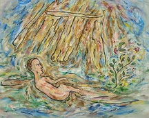 "Noc w szałasie...Cisza"/ Night in the hut ... Silence"; olej na płótnie/ oil on canvas; rozmiar: 100 x70 cm; Kolekcja prywatna / private collection