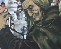'Starsza Pani Prokurator' - 2010 r, olej i kolaż, format: 45x36cm, zaginiony (kradzież)./