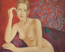 "Metafizyka istoty kobiecej"; 2012 r; olej na panelu+kamienie+bursztyn/ format: 65 x 50 cm; sprzedane.