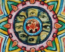 Mandalokwiatek / Mandala Flower" ; ok.1994 r ; olej na płótnie+kolaż / oil on canvas+collage ; format: 34 x 34 cm.