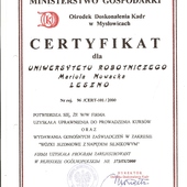 Certyfikat uprawniający do prowadzenia kursów KIEROWCY WÓZKÓW JEZDNIOWYCH i wystawiania ZAŚWIADCZEŃ o ukończeniu kursu
