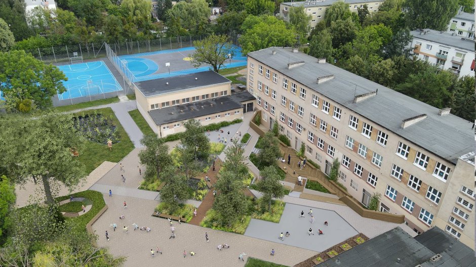 Wizualizacja planowanego remontu dziedzińca szkoły w latach 2025-2026