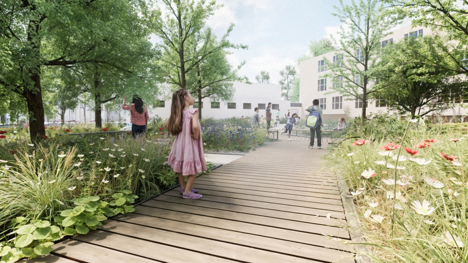 Wizualizacja planowanego remontu dziedzińca szkoły w latach 2025-2026