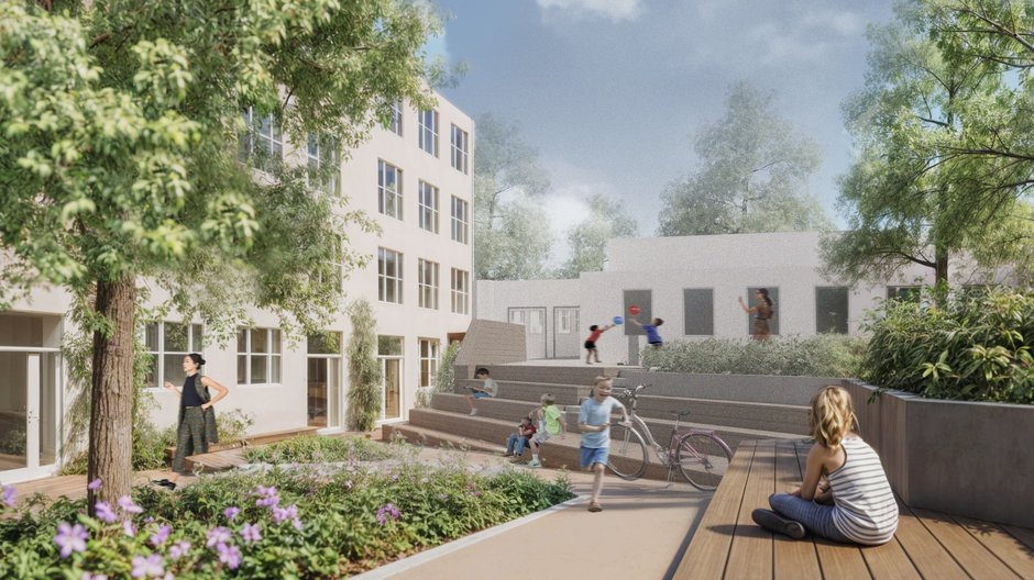 Wizualizacja planowanego remontu dziedzińca szkoły w latach 2025-2026