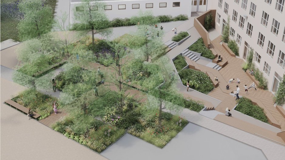 Wizualizacja planowanego remontu dziedzińca szkoły w latach 2025-2026