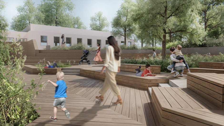 Wizualizacja planowanego remontu dziedzińca szkoły w latach 2025-2026