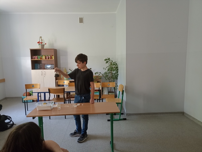 Uczniowie przy stolikach prezentują doświadczenia: "jajko w butelce", "chemiczny kameleon", wykorzystując materiały przyniesione z domu.