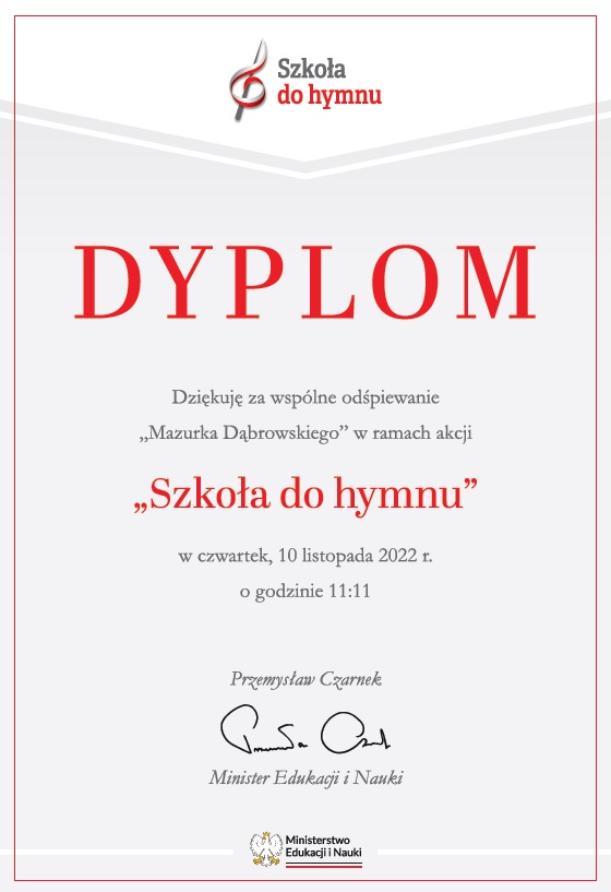 Dyplom za udział w akcji Szkoła Do Hymnu