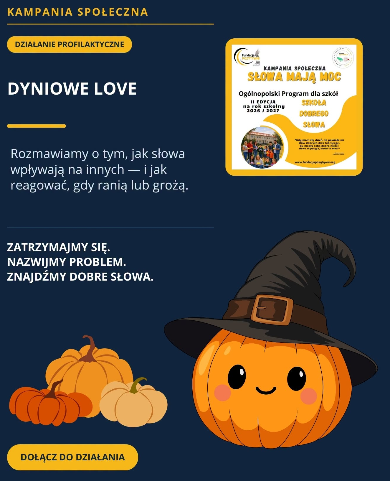 Nasza szkoła z dumą przystąpiła do og&oacute;lnopolskiego programu &bdquo;Dobre Słowa mają Moc&rdquo;! W ramach tego wyjątkowego projektu podjęliśmy wyzwanie &bdquo;Dyniowe-Love&rdquo;, celebrując Światowy Dzień Dyni w niezwykle tw&oacute;rczy i ciepły spos&oacute;b.